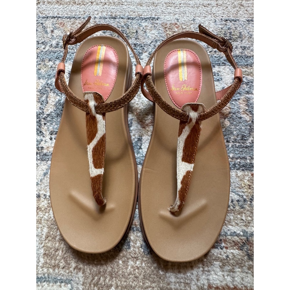 Sam‎ Edelman Naomi T-Strap Sandals Cow Print Fur Tan Brown Womens 6